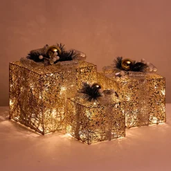 Led Gold With Silver Deco Presents (3Pc)