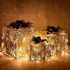 Led Gold With Silver Deco Presents (3Pc)